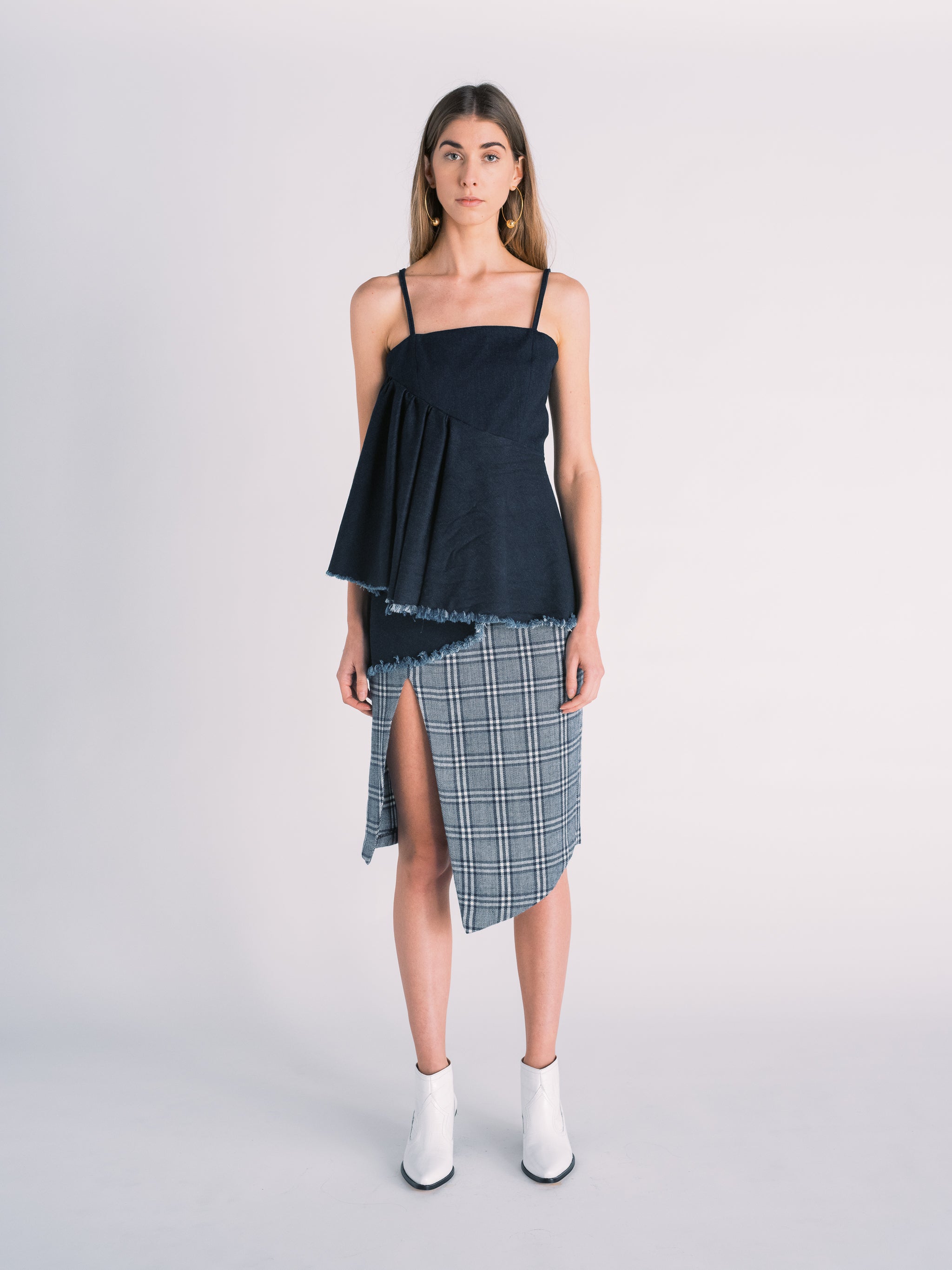 Asymmetric Ruffled Top in Dark Navy Denim