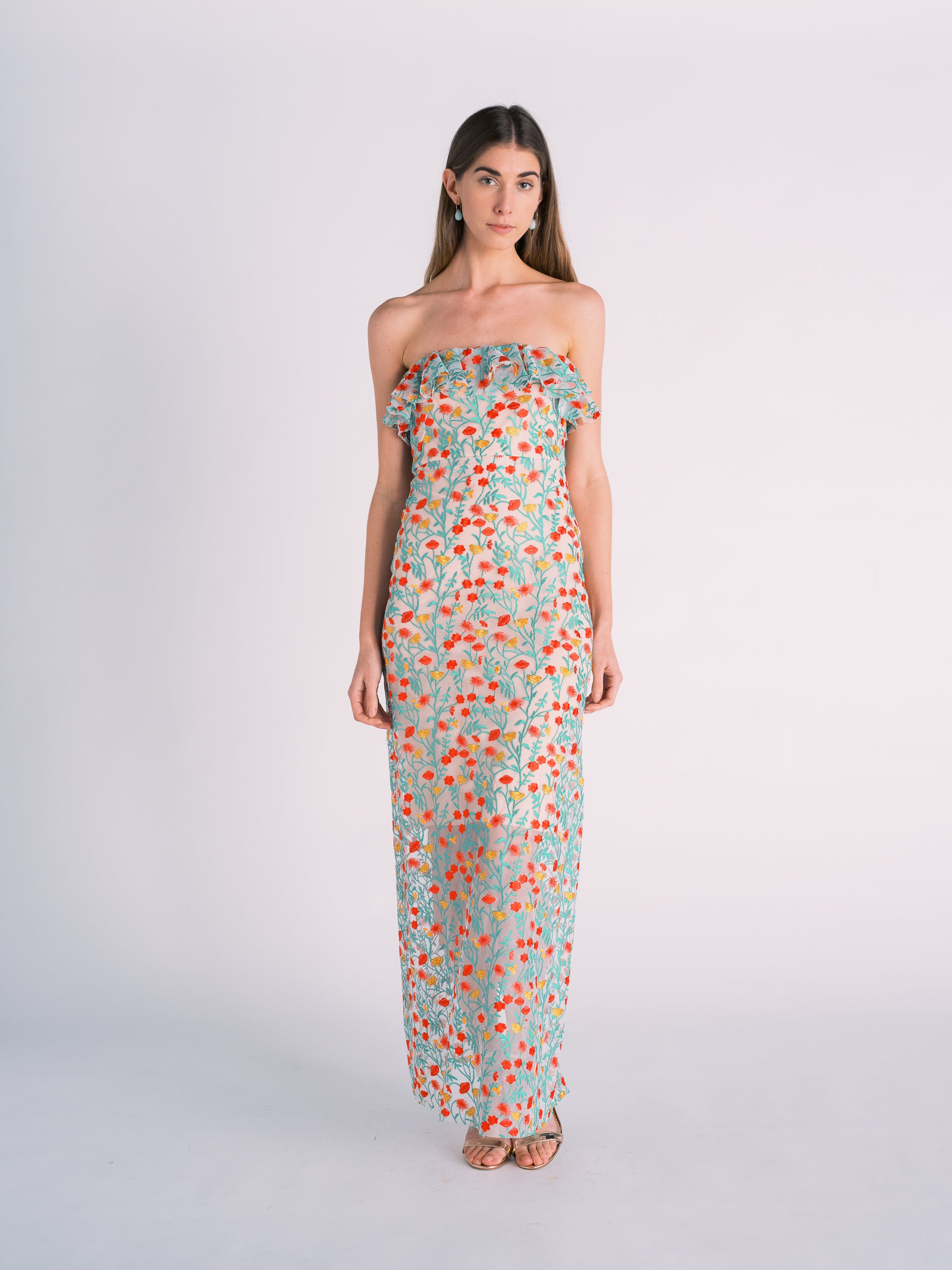 Embroidered Floral Strapless Gown