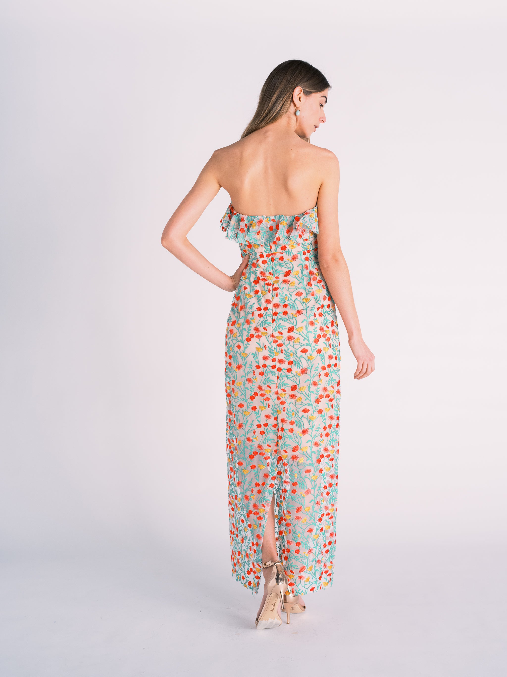 Embroidered Floral Strapless Gown