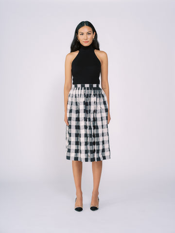 Pleated Midi Skirt in Black and White Checkered Pattern