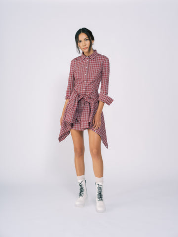 Collared Shirt Dress with Wrap Detail in Red Plaid