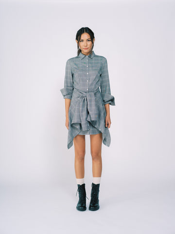 Collared Shirt Dress with Wrap Shirt Detail in Gray Plaid