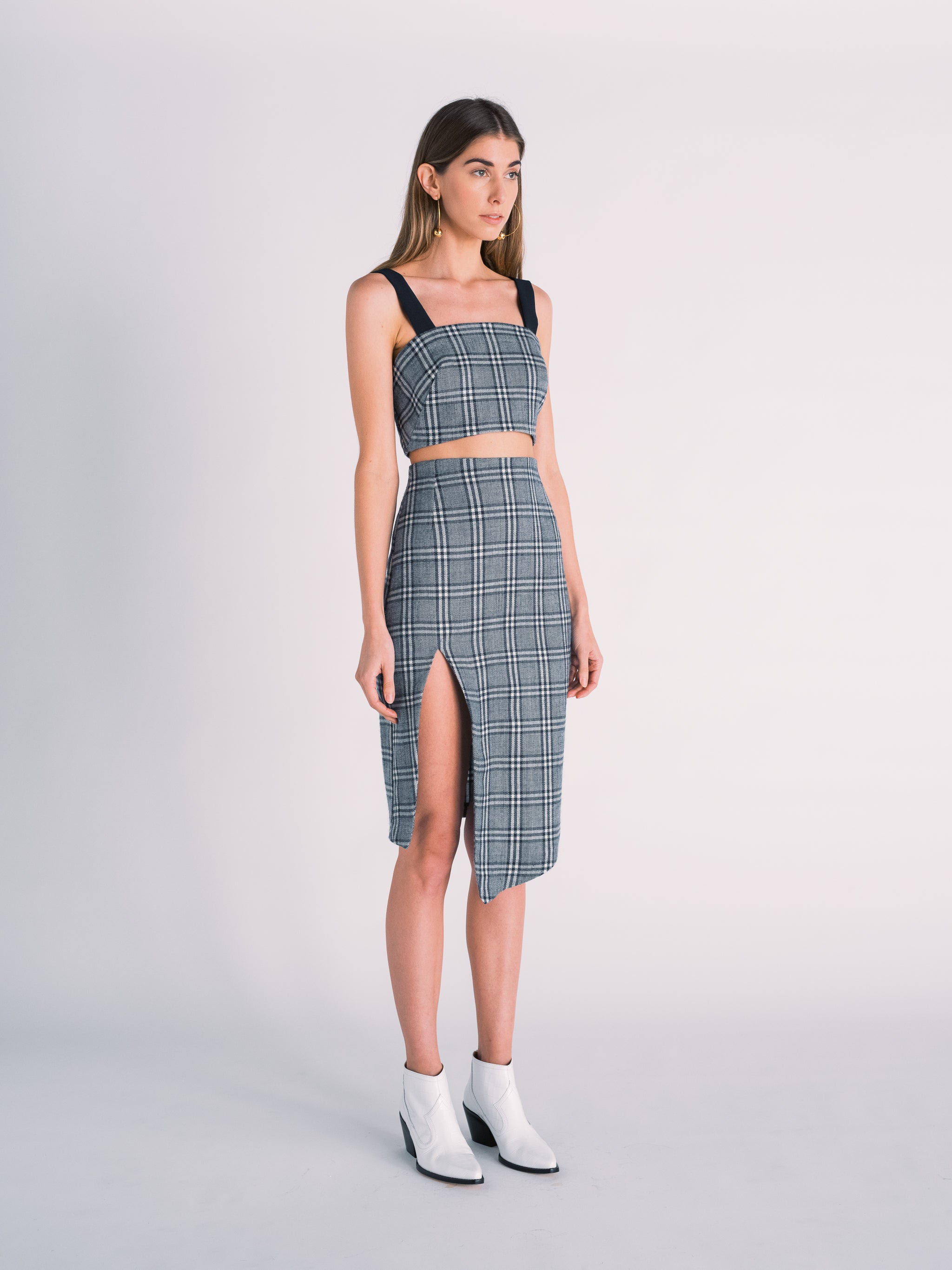 Plaid Navy Crop Top & Matching High-Waisted Slit Pencil Skirt