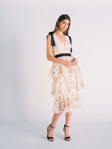 Tiered Floral Cut-out Dress in Off-white