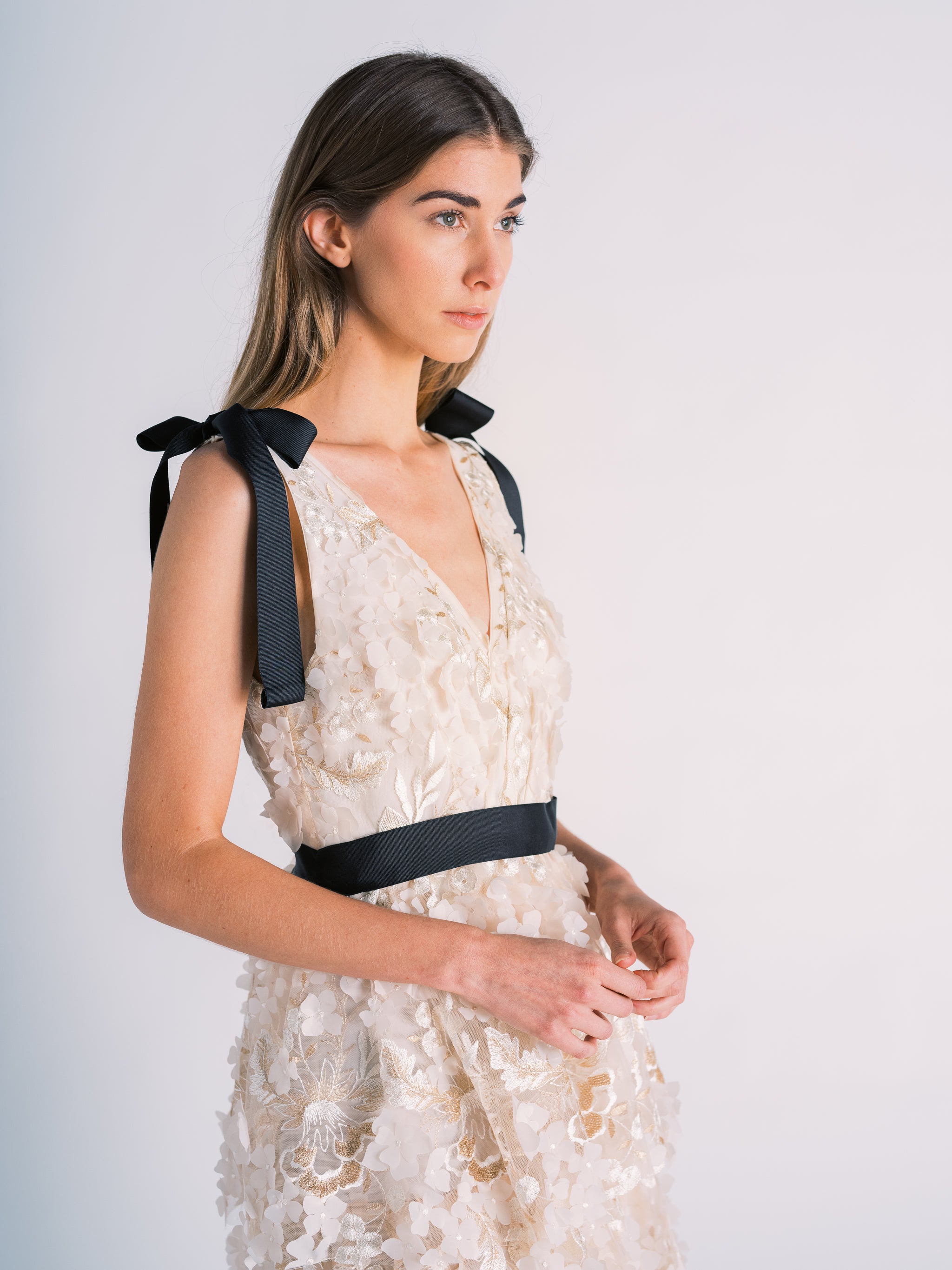 Tiered Floral Cut-out Dress in Off-white