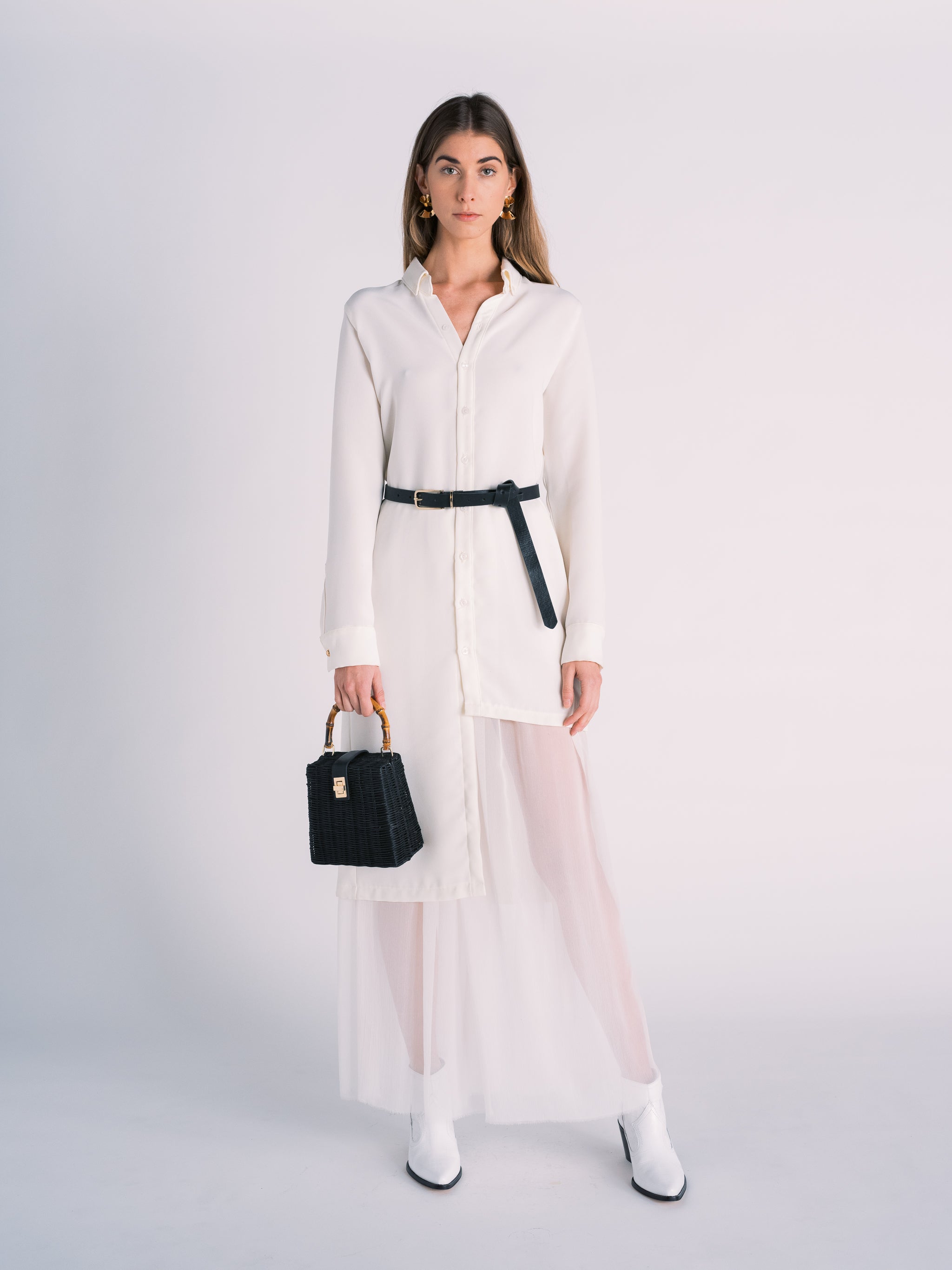 Asymmetric Collared Button Down Dress with Silk Slip Maxi Skirt in White