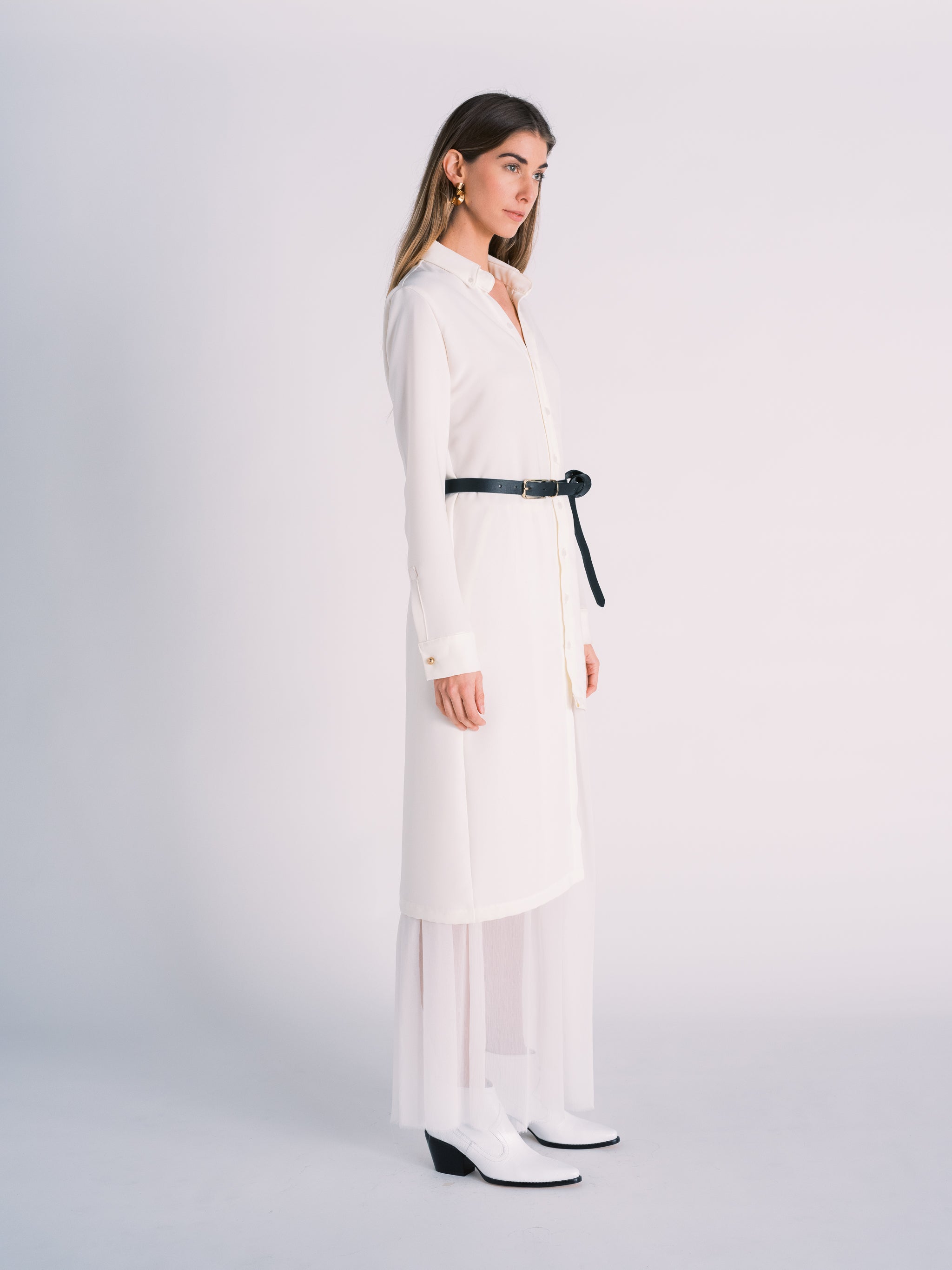 Asymmetric Collared Button Down Dress with Silk Slip Maxi Skirt in White