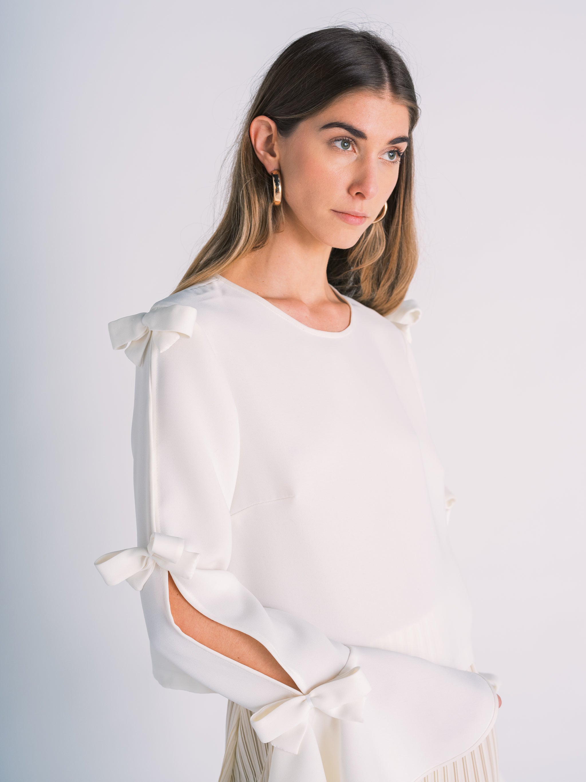 Bell Sleeve Blouse with Bows in Eggshell