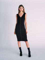 Knit Black Midi Dress with Gold Buttons