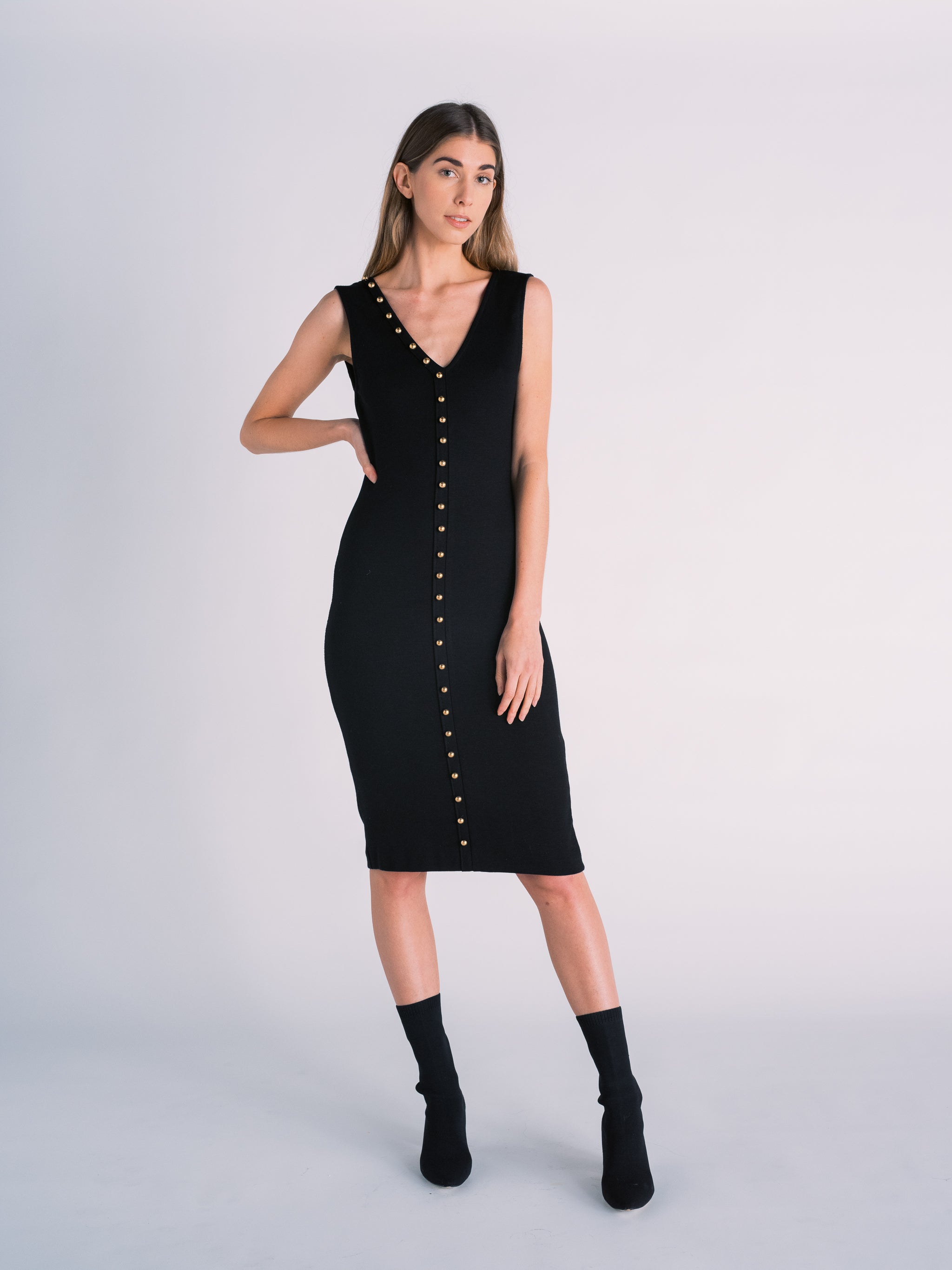 Black Knit Midi Dress with Gold Buttons by Tanroh Womenswear TANROH Black Knit Midi Dress with Gold Buttons by Tanroh Womenswear TANROH