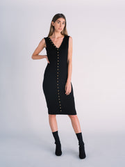 Knit Black Midi Dress with Gold Buttons