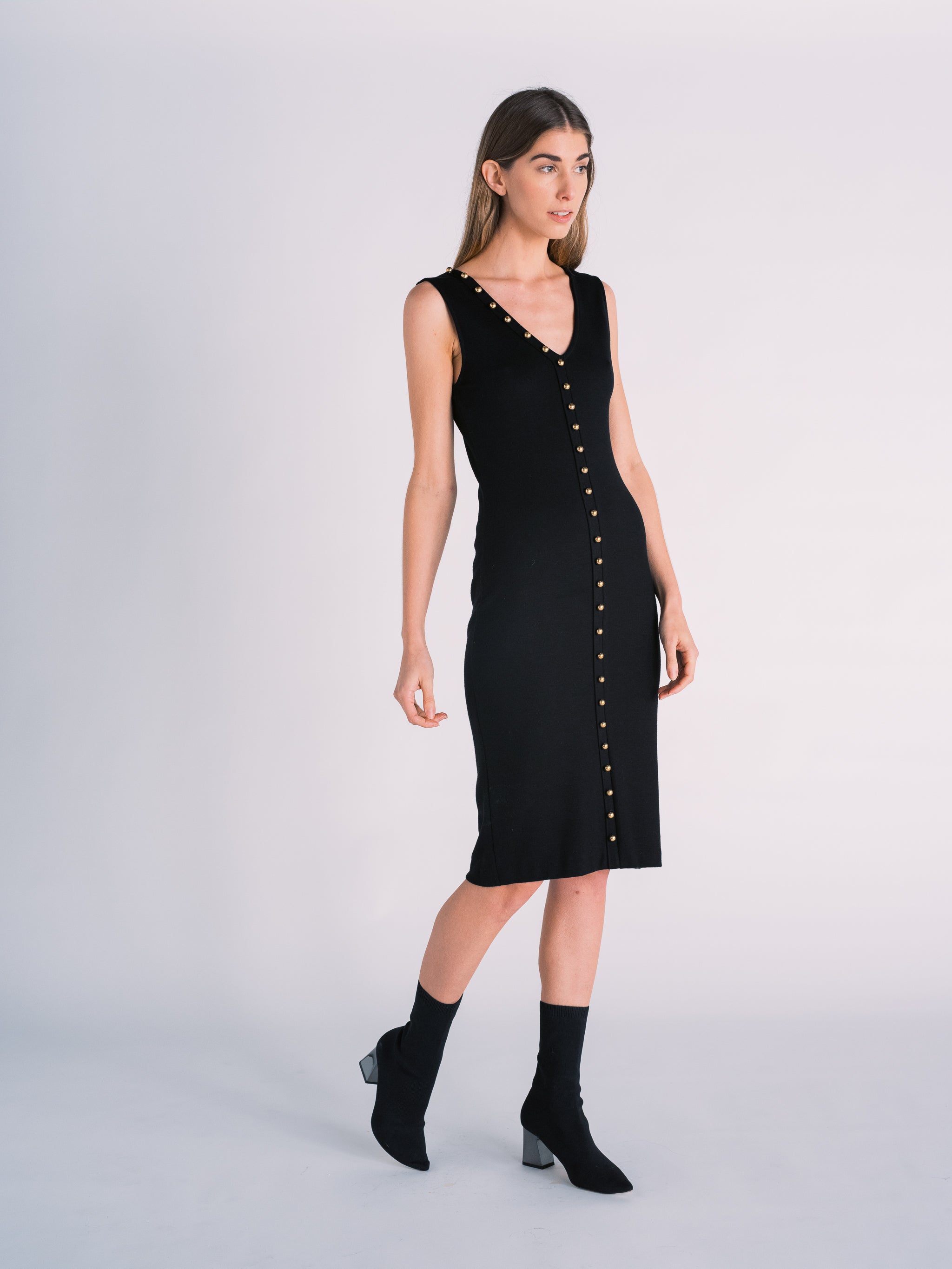 Knit Black Midi Dress with Gold Buttons