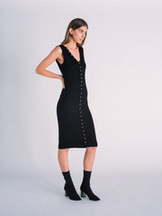 Knit Black Midi Dress with Gold Buttons