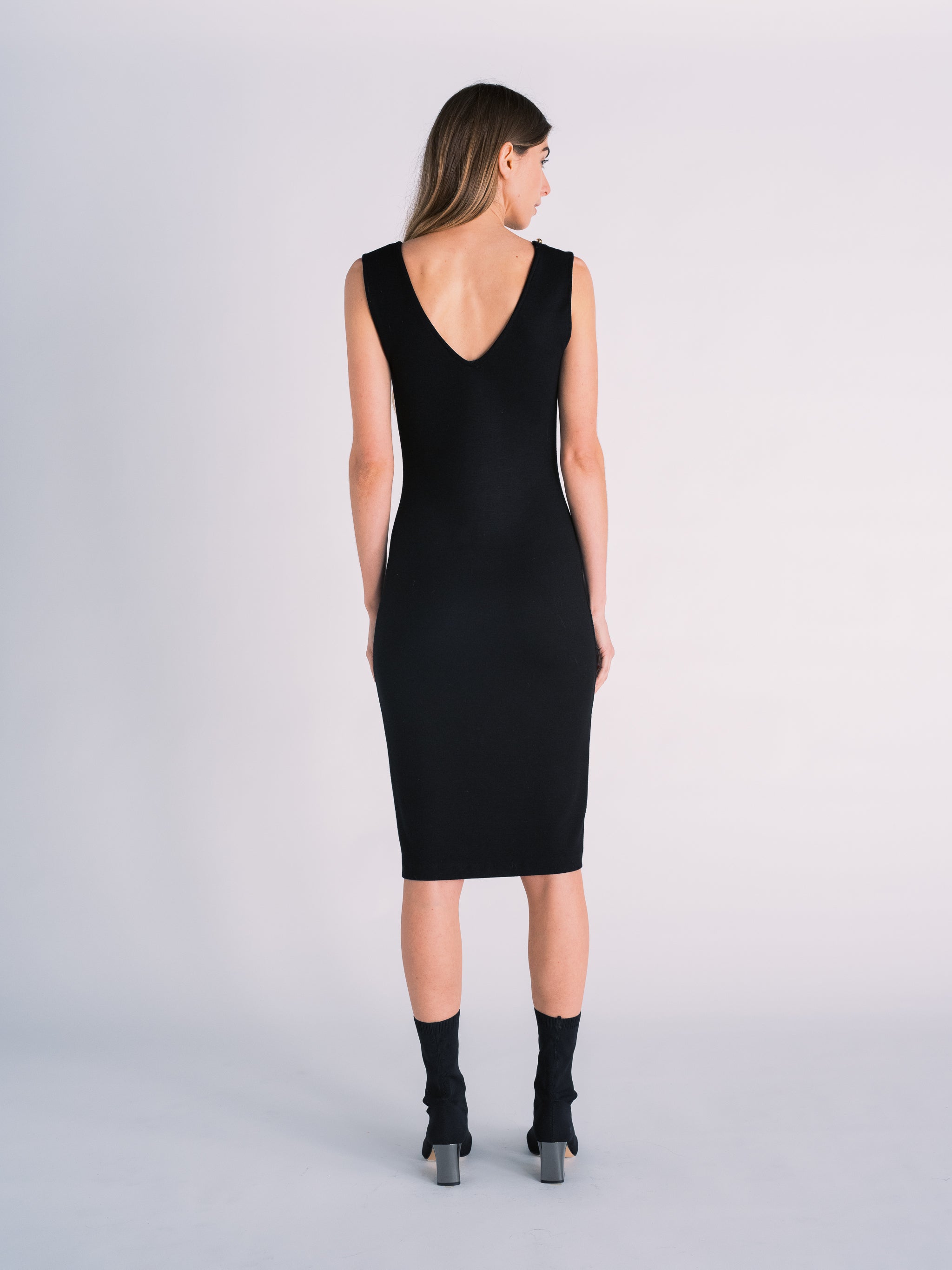 Black Knit Midi Dress with Gold Buttons by Tanroh Womenswear TANROH Black Knit Midi Dress with Gold Buttons by Tanroh Womenswear TANROH