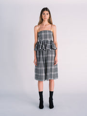 Plaid Midi Dress with Peplum in Black and White Madras Print