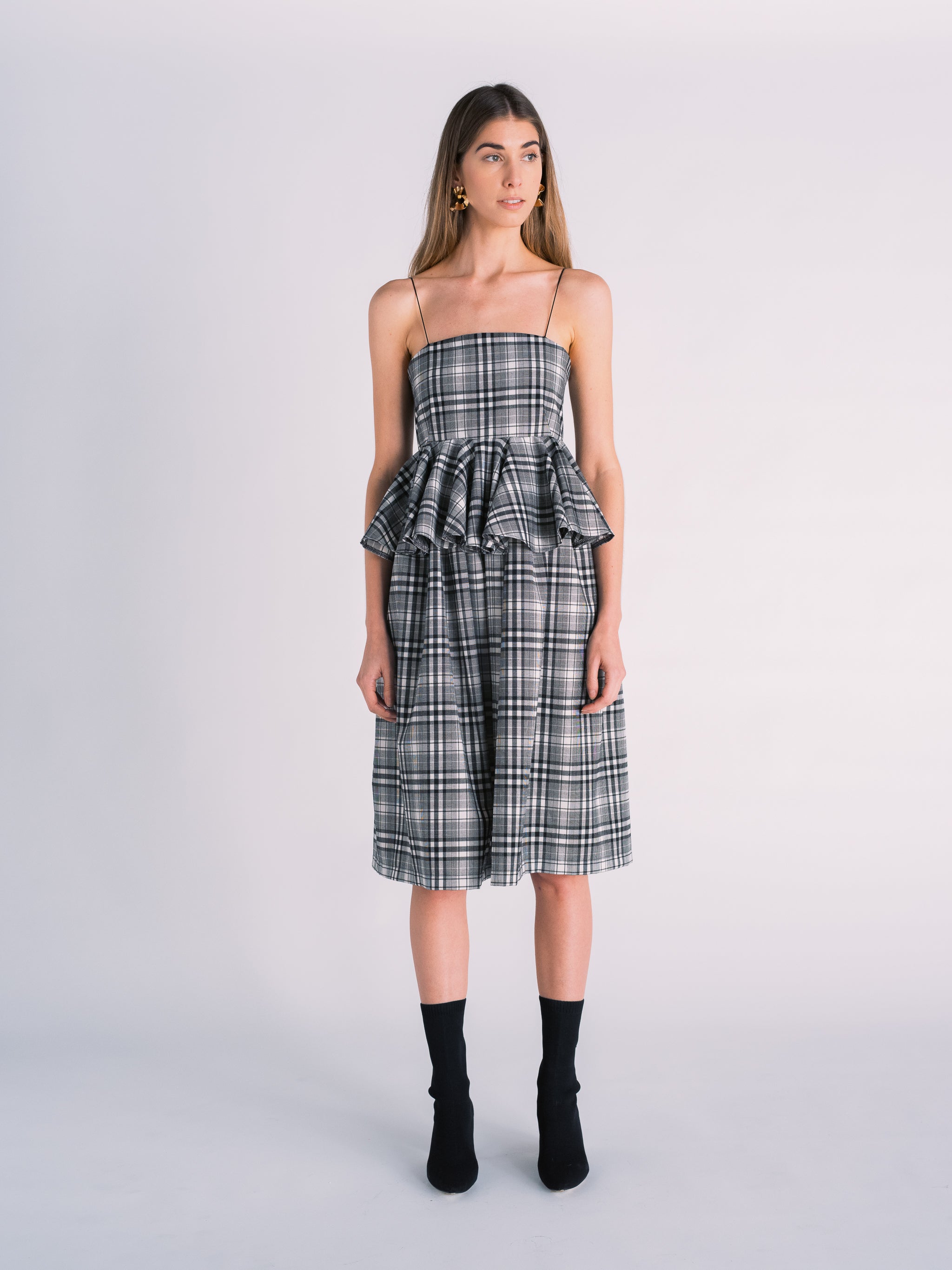 Plaid Midi Dress with Peplum in Black and White Madras Print – TANROH