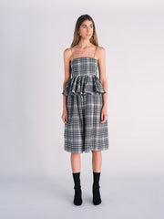 Plaid Midi Dress with Peplum in Black and White Madras Print