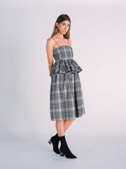 Plaid Midi Dress with Peplum in Black and White Madras Print