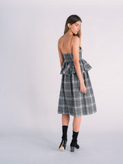 Plaid Midi Dress with Peplum in Black and White Madras Print