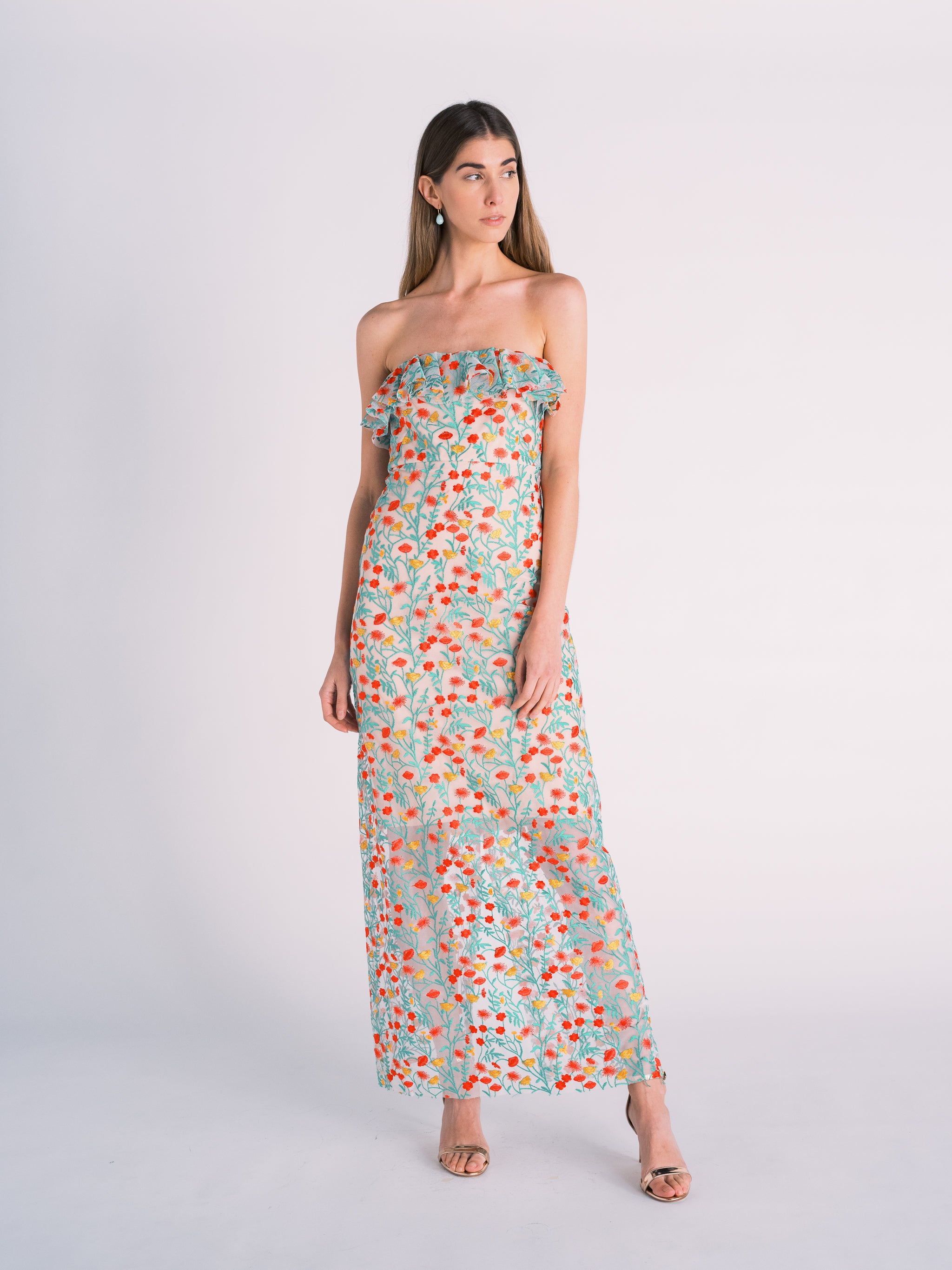 Embroidered Floral Strapless Gown