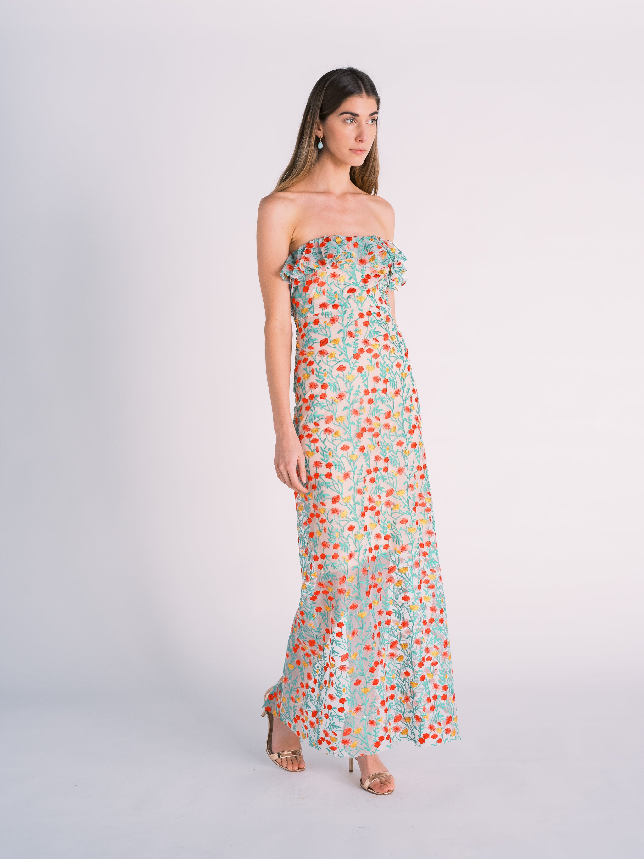 Embroidered Floral Strapless Gown