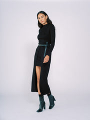 Knit Long Sleeve Dress with High Low Hem in Black