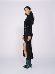 Knit Long Sleeve Dress with High Low Hem in Black