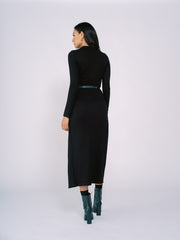 Knit Long Sleeve Dress with High Low Hem in Black