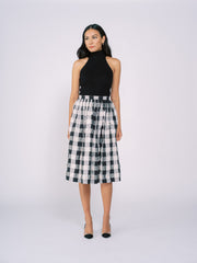 Pleated Midi Skirt in Black and White Checkered Pattern