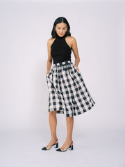 Pleated Midi Skirt in Black and White Checkered Pattern