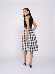 Pleated Midi Skirt in Black and White Checkered Pattern