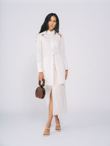Button Down Denim Midi Skirt in White