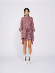 Collared Shirt Dress with Wrap Detail in Red Plaid