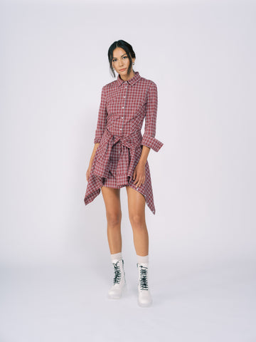 Collared Shirt Dress with Wrap Shirt Detail in Gray Plaid