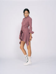 Collared Shirt Dress with Wrap Detail in Red Plaid