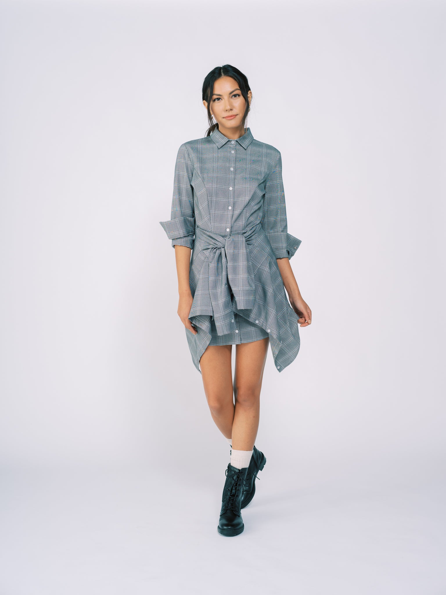 Collared Shirt Dress with Wrap Shirt Detail in Gray Plaid
