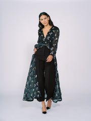 Floor Length Silk Organza Blouse in Black Floral Pattern