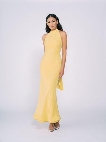 Silk Halter Gown in Pale Yellow by Tanroh Womenswear – TANROH