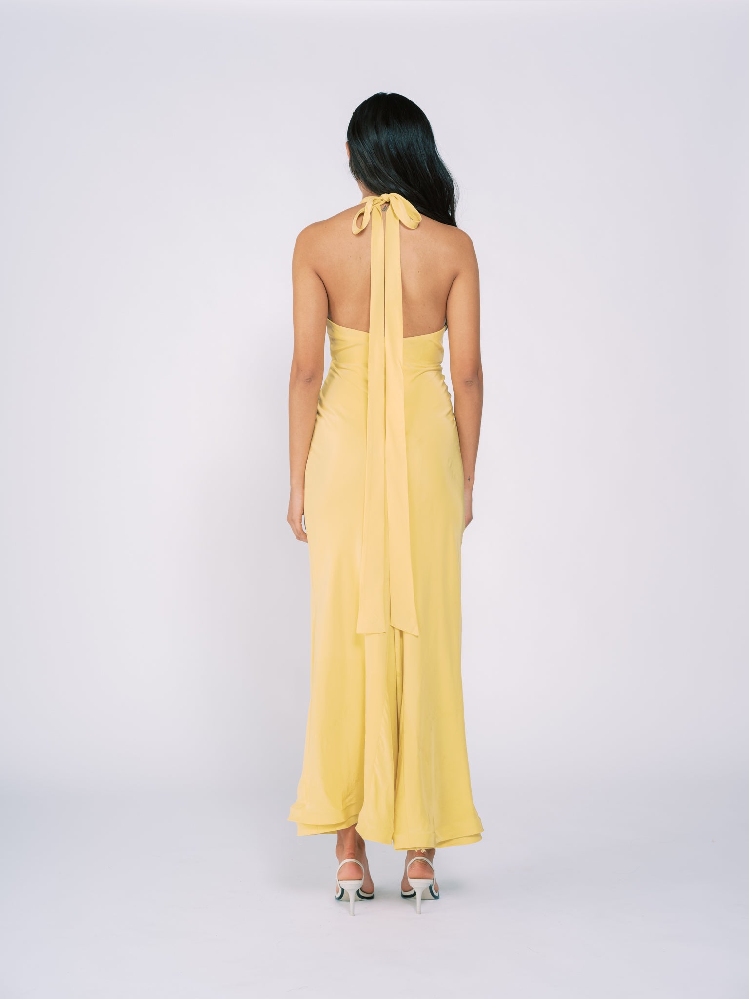 Silk Halter Gown in Pale Yellow Silk Halter Gown in Pale Yellow