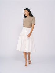 Button Down Denim Midi Skirt in White