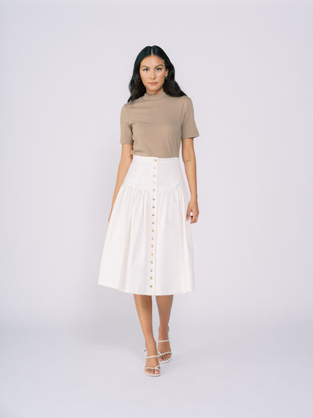 Button Down Denim Midi Skirt in White by Tanroh Womenswear