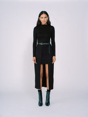 Knit Long Sleeve Dress with High Low Hem in Black