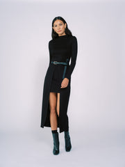 Knit Long Sleeve Dress with High Low Hem in Black