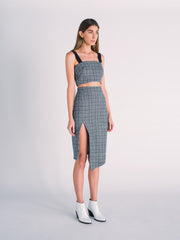 Plaid Navy Crop Top & Matching High-Waisted Slit Pencil Skirt