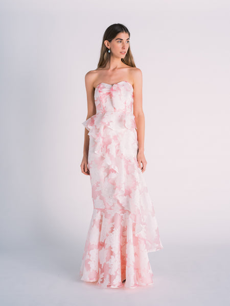 Pink Floral Strapless Gown TANROH