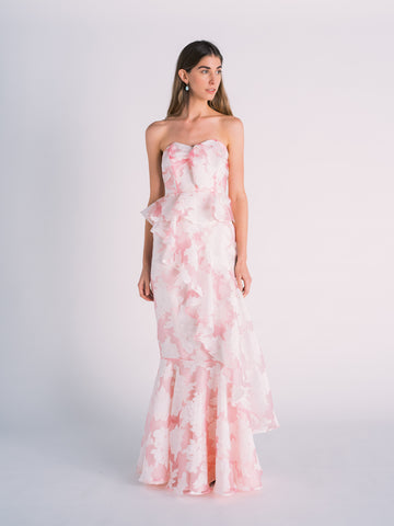 Pink Floral Strapless Gown