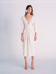 Ruched Sleeve Deep-V Midi Dress in Eggshell