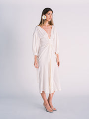 Ruched Sleeve Deep-V Midi Dress in Eggshell