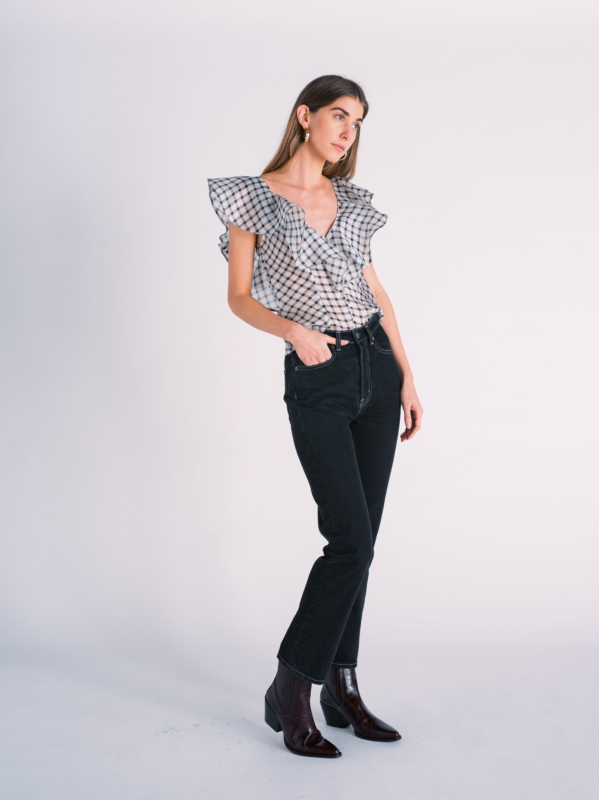 Silk Ruffle Blouse in Black and White Plaid