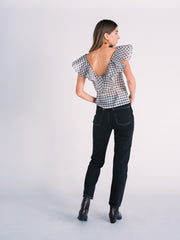 Silk Ruffle Blouse in Black and White Plaid